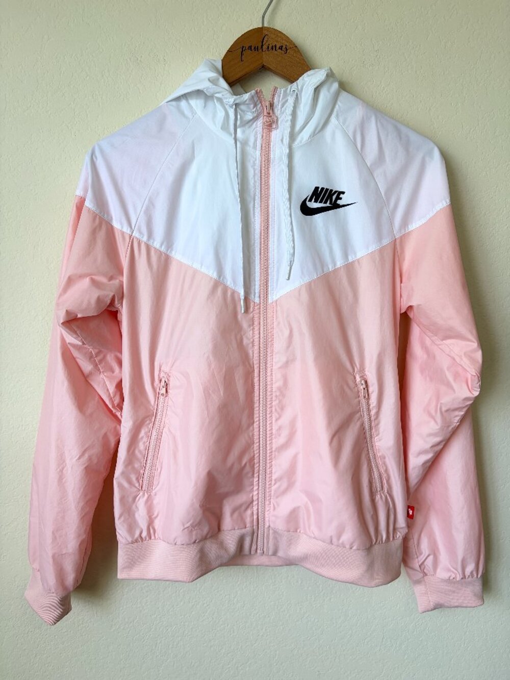 Nike Jacket Womens XS Windrunner Pink White Hooded Full Zip Windbreaker Athletic